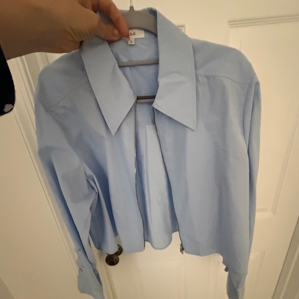 Light Blue cropped Shirt with zipper by A.L.C . Size 8 . 100 cotton .